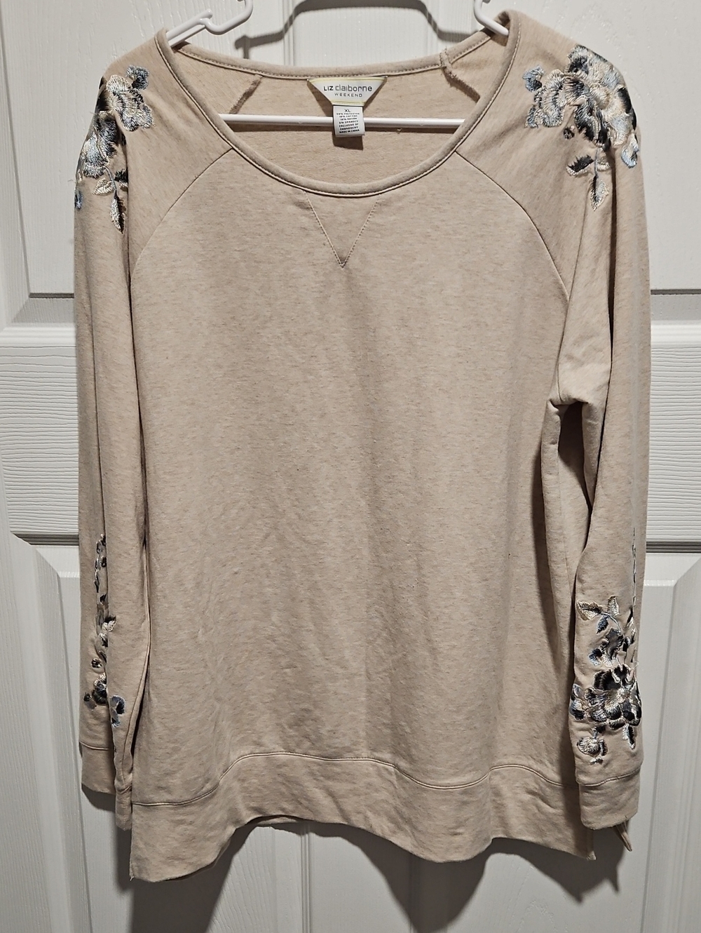 Liz Claiborne Beige Embroidered Shoulder & Sleeve Sweatshirt